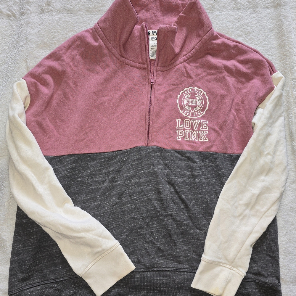 VS PINK Half Zip Pullover Sweater - Pink, Gray, White - Size Large